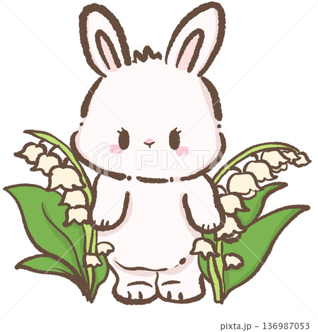 Cute bunny standing between lily of the valley flowers hand drawn kawaii spring rabbit illustration with white bell blossoms and green leaves for nursery decor 136987053