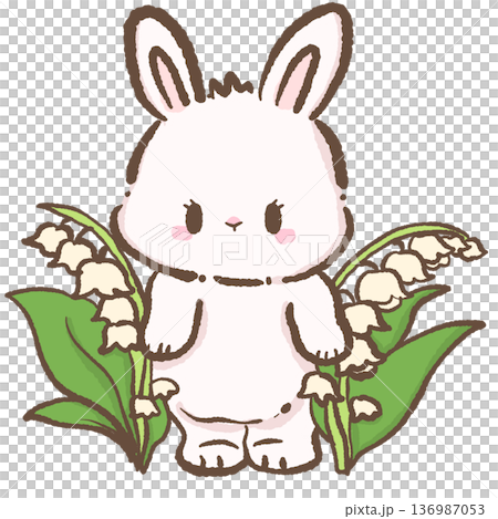 Cute bunny standing between lily of the valley flowers hand drawn kawaii spring rabbit illustration with white bell blossoms and green leaves for nursery decor 136987053