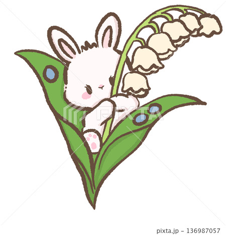 Shy bunny hugging large leaf with lily of the valley flowers hand drawn kawaii spring rabbit illustration for nursery decor and botanical themed artwork Shy bunny hugging large leaf with lily of the valley flowers hand drawn kawaii spring rabbit illustration for nursery decor and botanical themed artwork 136987057
