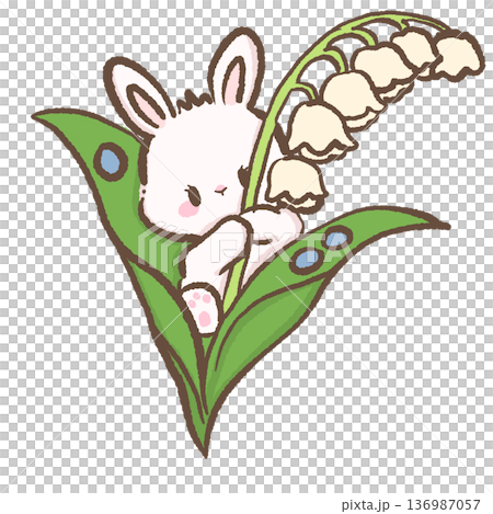 Shy bunny hugging large leaf with lily of the valley flowers hand drawn kawaii spring rabbit illustration for nursery decor and botanical themed artwork Shy bunny hugging large leaf with lily of the valley flowers hand drawn kawaii spring rabbit illustration for nursery decor and botanical themed artwork 136987057