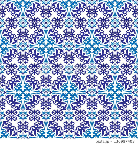 Azulejo portuguese ceramic tile. Seamless pattern in blue and white Portuguese tiles. Moroccan tile mosaic. Spanish pottery. Mediterranean seamless  wallpaper. Vector seamless pattern 136987405