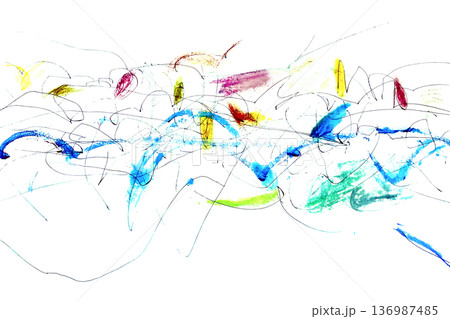 【背景透過】紙に水彩やパステルとペンで描いた、夏に涼しげなカラフルな抽象線画 136987485