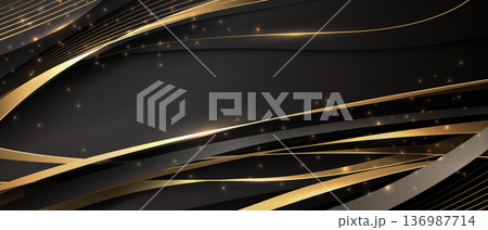 Abstract black luxury background with golden ribbon glitter elements and decoration design modern vector 136987714