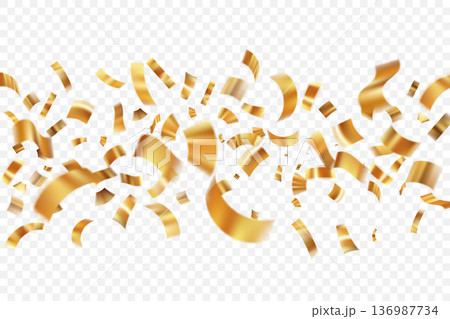Gold confetti with flying ribbons and glitter particles. Birthday decoration with sparkling yellow paper elements, glitter and flying streamers. Vector illustration Gold confetti with flying ribbons and glitter particles. Birthday decoration with sparkling yellow paper elements, glitter and flying streamers. Vector illustration 136987734