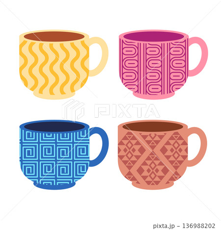 decorative ceramic coffee mugs with ethnic pattern geometric ornaments set kitchen drinkware design element including tribal wavy motif 136988202