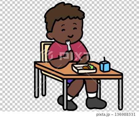 Black boy eating lunch with a fork in classroom Black boy eating lunch with a fork in classroom 136988331