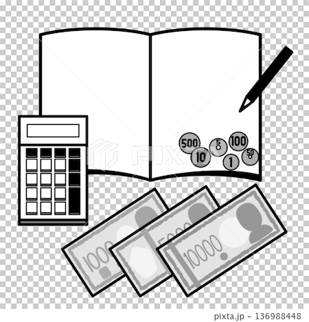 計算器、筆記本和現金（紙幣和硬幣）的圖片素材 136988448