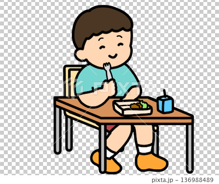 一名亞裔男孩在教室裡用叉子吃午餐。 一名亞裔男孩在教室裡用叉子吃午餐。 136988489