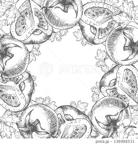 Square frame of the parsleys and the tomatoes. For packaging design, cards, cover, prints, product labels and fabric. 136988531