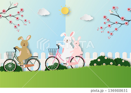 Happy Easter greeting card,Spring garden with cute rabbits happy on sunshine day Happy Easter greeting card,Spring garden with cute rabbits happy on sunshine day 136988631
