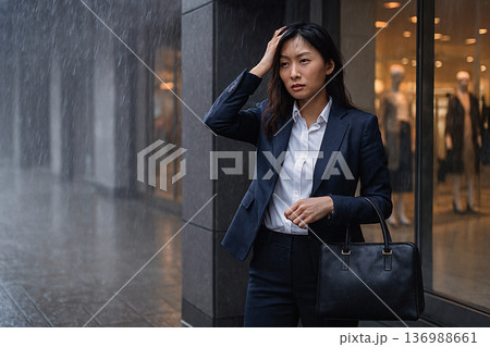 　雨宿りする女性 136988661