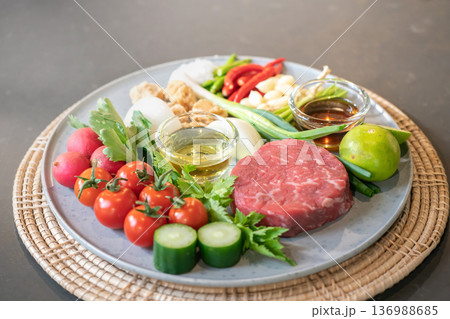 Spicy Thai Beef Salad will be cooked by ingredient such as red beef, onion, green vegetables, Red Radish, pepper, lemon ,and garlic. Spicy Thai Beef Salad will be cooked by ingredient such as red beef, onion, green vegetables, Red Radish, pepper, lemon ,and garlic. 136988685