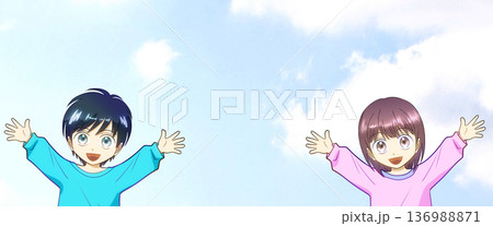 広がる青空、明るく元気な男の子と女の子のアニメ風イラスト 136988871