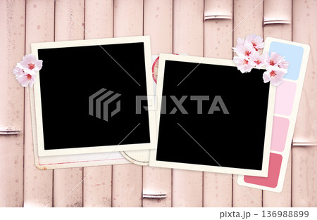 Horizontal background with two retro photo frame and sakura flower on bamboo texture. Moodboard pictures album for scrapbooking. Vintage style spring mood board layout way to express creativity 136988899