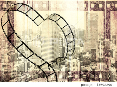 Grunge background with old paper texture, retro filmstrip frame and skyscrapers. Horizontal retro banner with film reel and urban scene. Vintage retro backdrop with paper texture and metropolis Grunge background with old paper texture, retro filmstrip frame and skyscrapers. Horizontal retro banner with film reel and urban scene. Vintage retro backdrop with paper texture and metropolis 136988901