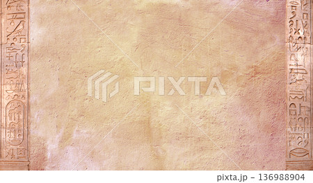 Horizontal background with ancient Egyptian hieroglyphs on stone wall, Egypt, Africa. Backdrop with sandstone carving with hieroglyph. Mock up template. Copy space for text Horizontal background with ancient Egyptian hieroglyphs on stone wall, Egypt, Africa. Backdrop with sandstone carving with hieroglyph. Mock up template. Copy space for text 136988904