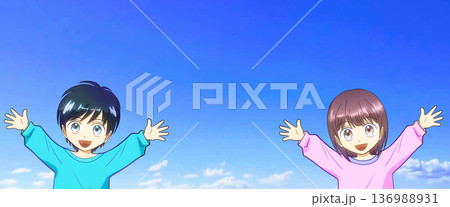 広がる青空、明るく元気な男の子と女の子のアニメ風イラスト 136988931