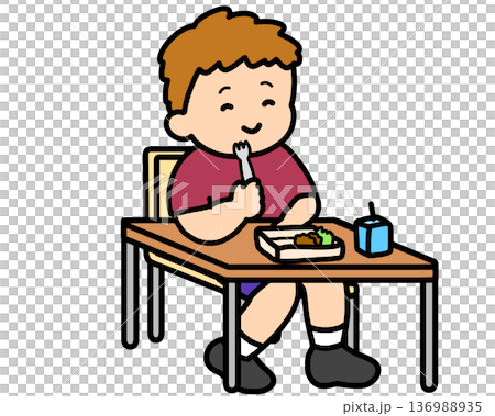 教室でフォークを使って昼食を食べる茶髪の男の子 136988935