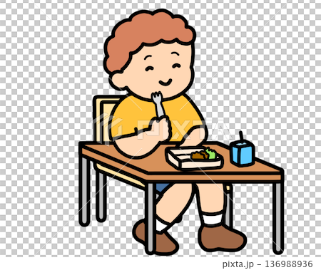 教室裡,一個棕髮男孩正用叉子吃午餐。 教室裡,一個棕髮男孩正用叉子吃午餐。 136988936