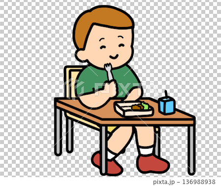 教室裡，一個棕髮男孩正用叉子吃午餐。 136988938