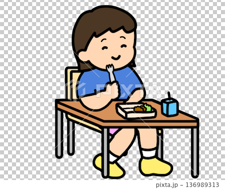 Asian girl eating lunch with a fork in the classroom 136989313