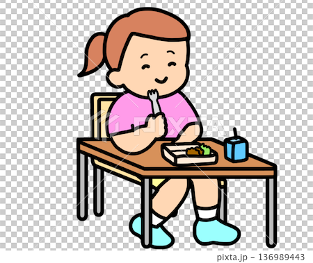 一個棕髮女孩在教室裡用叉子吃午餐 一個棕髮女孩在教室裡用叉子吃午餐 136989443