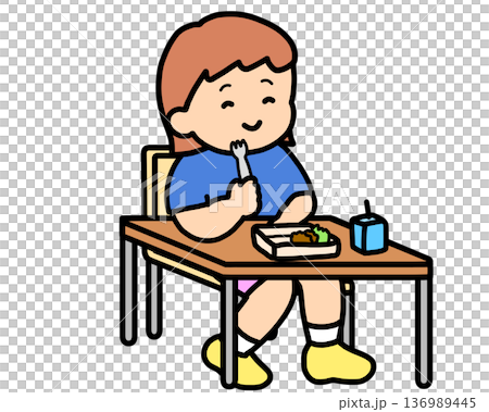 教室でフォークを使って昼食を食べる茶髪の女の子 136989445