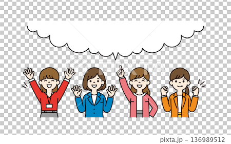 A set of vector illustrations of the upper body of a large speech bubble and multiple energetic women and office workers in their 20s and 30s 136989512