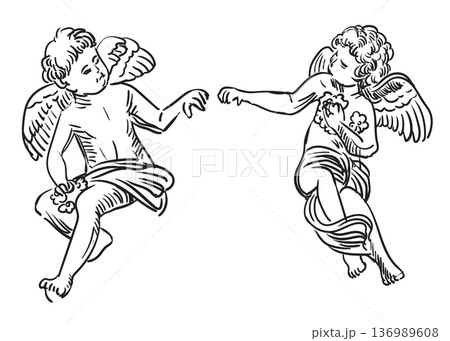 Hand drawing baroque ornament two angels isolated illustration Hand drawing baroque ornament two angels isolated illustration 136989608
