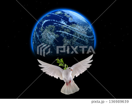 white dove in flight against the background of the earth with an olive branch white dove in flight against the background of the earth with an olive branch 136989639