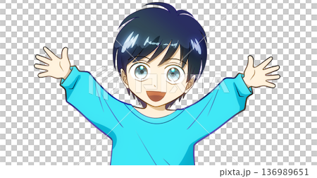 笑顔で両手を広げる男の子のアニメ風イラスト 136989651