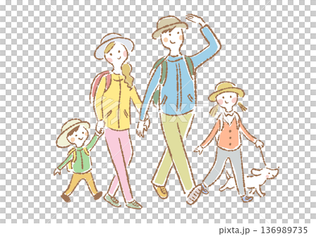 ハイキングをしている笑顔の4人家族のシンプルイラスト 136989735