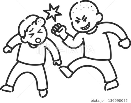暴力を振るう男児のイラスト　線画のみ 136990055