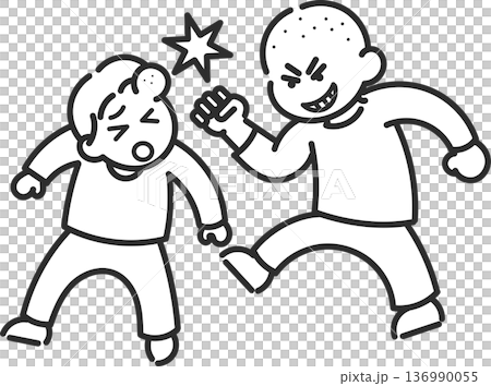 暴力を振るう男児のイラスト　線画のみ 136990055