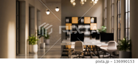 3D rendered blurred background of a light modern office interior open space with panorama. 136990153