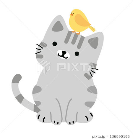 Cute Cat And Bird Illustration 136990196