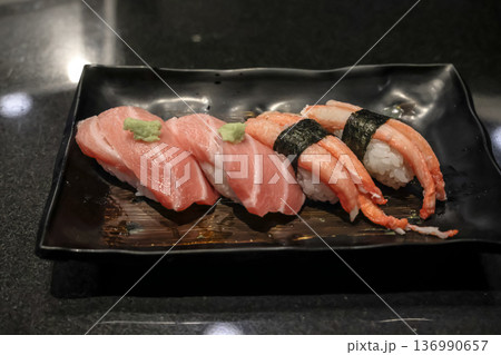 Nov 24 2025 Assorted Sushi Nigiri Plate With Tuna And Eel, Wasabi Garnish 136990657