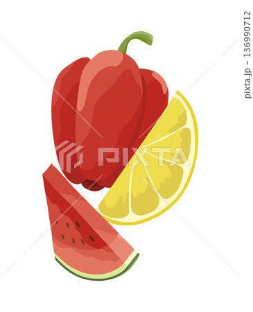 Colorful Composition of Red Bell Pepper, Lemon, and Watermelon Slices 136990712