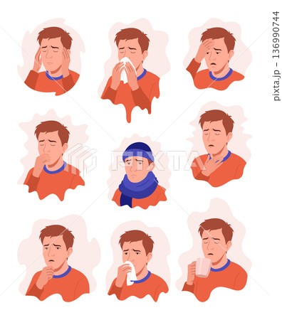 Flu symptoms. Man showing cold symptoms. Flu symptoms fever, cough, chills, dizziness, nausea, runny nose, headache. Vector set for flu prevention poster 136990744