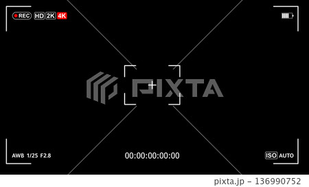 Digital video camera interface with 4K recording, battery and timer on a black background 136990752