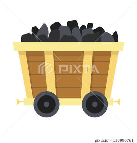 Mine coal trolley. Coal loading ship cart, underground vehicle for coals load, industrial hand transporting mining minerals cartoon vector illustration 136990761
