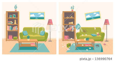 Clean and dirty living room. Messy apartment with old broken furniture and clutter, neat interior with new sofa and shelves, cleaning service, cartoon flat style isolated vector concept 136990764