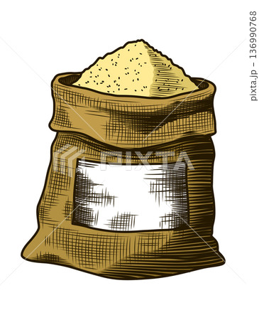 Cane sugar. Product from sugarcane plant. Engraving hand drawn natural organic food or natural ingredient. Fresh sugar in bag 136990768