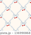 Seamless hand-drawn patterns with delicate blue bows, ribbons, cherries and soft checkered textures. Whimsical pastel coquette style, perfect for packaging, stationery, textiles and romantic branding. 136990868