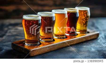 Craft Beer Tasting Flight Displayed on Rustic Wooden Tray with Chalkboard Background 136990945
