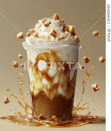 Creamy and Indulgent Iced Latte with Whipped Cream and Caramel Drizzle 136990946