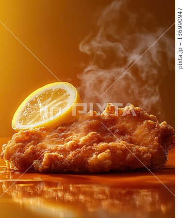 Crispy Fried Chicken with Steaming Lemon Garnish on Wooden Platter 136990947