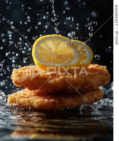 Crunchy Breaded Lemon Slices with Splashing Water Droplets Against Dark Background 136990948