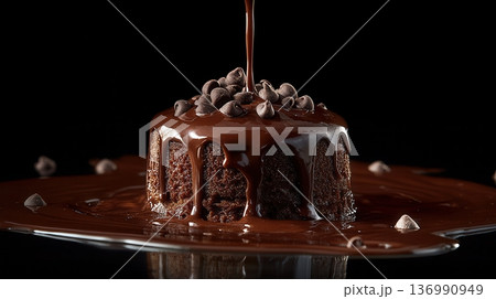Decadent Chocolate Cake with Dripping Ganache and Toppings on Elegant Dark Background 136990949