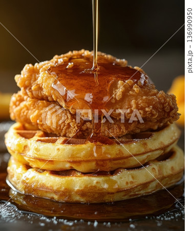Decadent Fried Chicken and Waffle Tower Drizzled in Maple Syrup 136990950